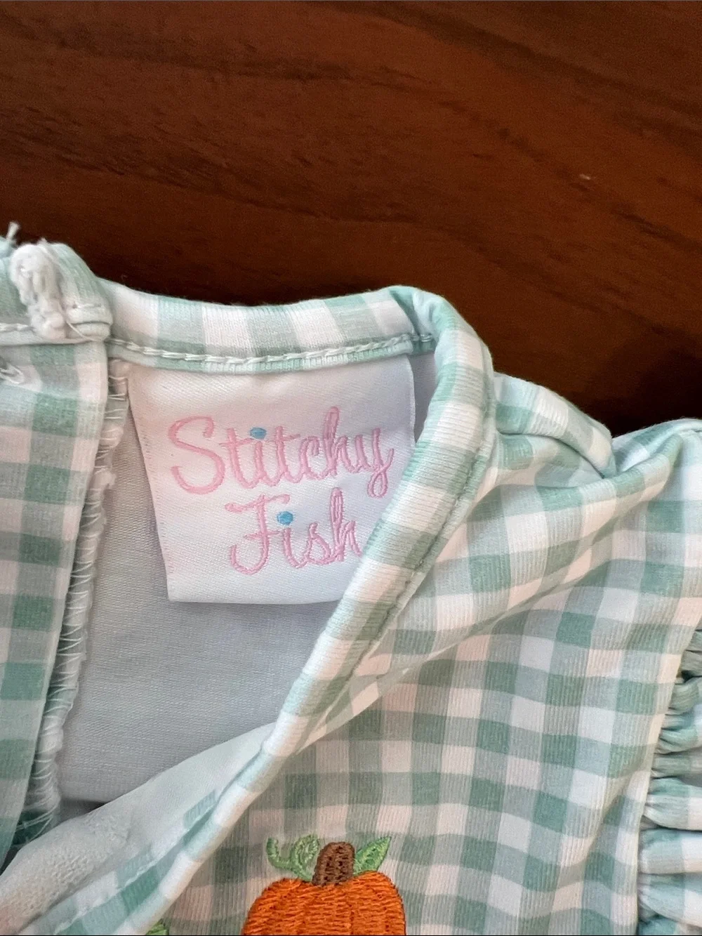 Stitch Fish Mint Gingham Baby Romper with Harvest Embroidery, 24 months